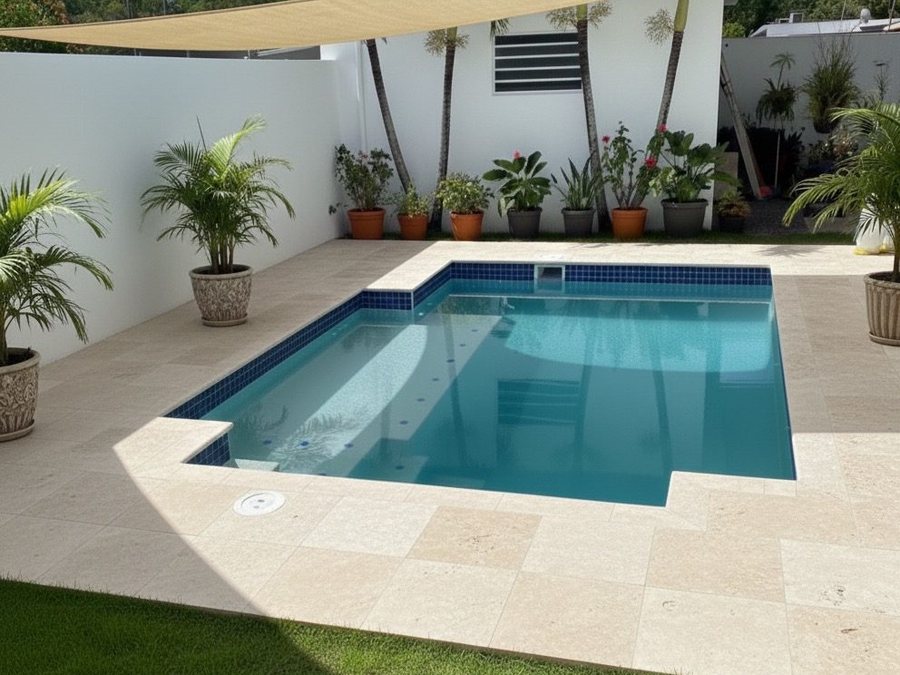 Piscina con vela de sombra y palmas